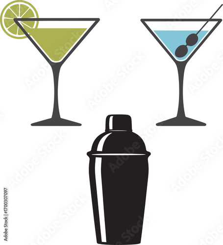 Martini glass icon set with cocktails and lemon garnish
