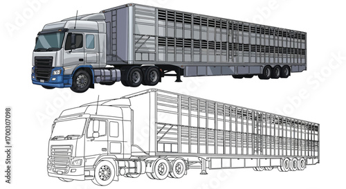 Large Livestock Transport Truck Coloring Page with Two Styles for Rural Fun