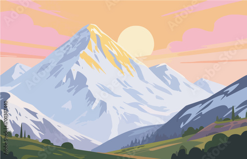 Graphic illustration style, landscape image, vector image	