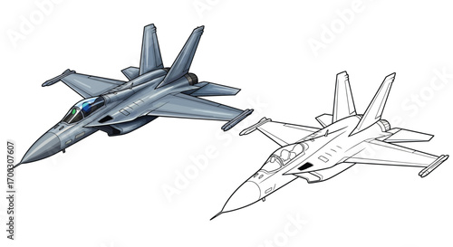 Modern Fighter Jet Coloring Page with Dual Art Style for Enthusiasts and Artists