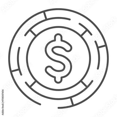 Round labyrinth with dollar coin thin line icon, financial tech concept. Vector graphics. Coin in circle of quest sign on white background, outline style icon for mobile or web design.