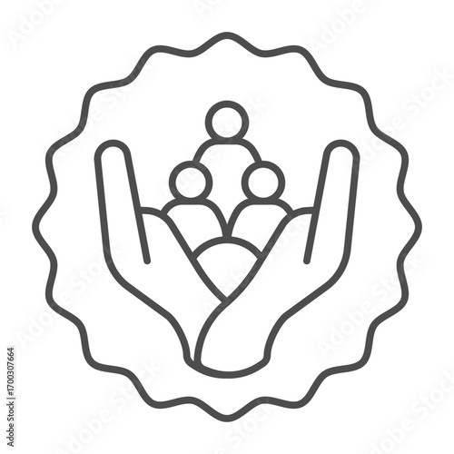 Sticker with people crowd in hands thin line icon, communication concept. Vector graphics. Quality of service sticker, seal sign on white background, outline style icon for mobile or web design.