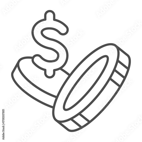 Casino chips thin line icon, gambling and staking concept. Vector graphics. Dollar with coins, finance sign on white background, outline style icon for mobile or web design.