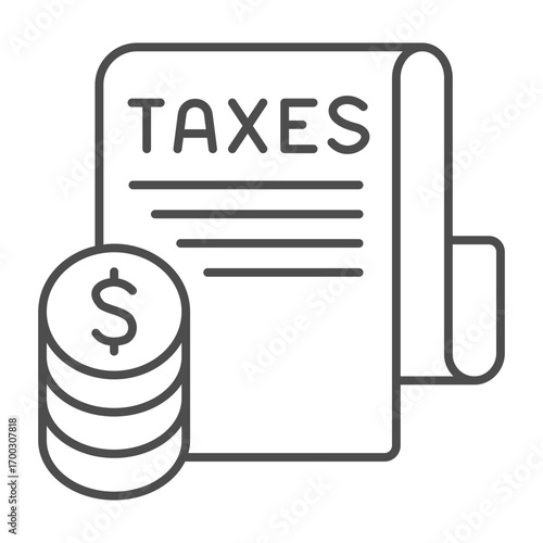 Taxes paper with coins stack thin line icon, financial tech concept. Vector graphics. Government taxes list, finance and law sign on white background, outline style icon for mobile or web design.