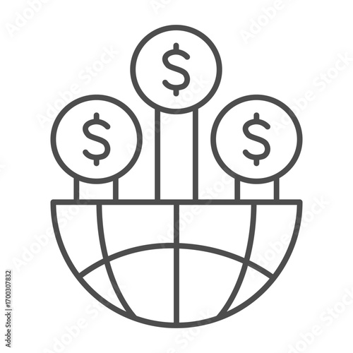 Globe half with dollar coin trees thin line icon, financial tech concept. Vector graphics. Coins with world globe, global sign on white background, outline style icon for mobile or web design.