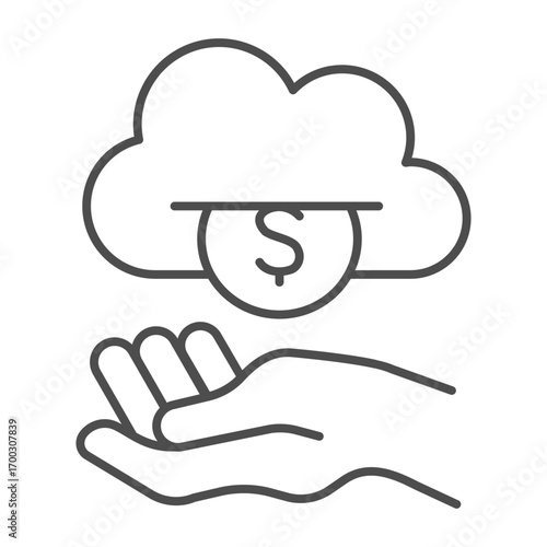 Cloud with coin machine and hand thin line icon, money payout concept. Vector graphics. Hand with dollar cloud, finance sign on white background, outline style icon for mobile or web design.