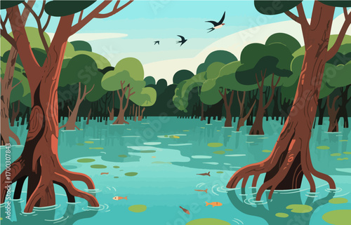 Graphic illustration style, landscape image, vector image	