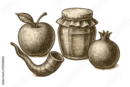 Detailed vector drawing of apple, pomegranate, honey jar and shofar with textured lines, classic engraving style, traditional cultural symbolism.