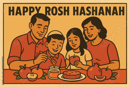 Vector family celebration scene for Rosh Hashanah, warm illustration with traditional food, festive layout for cultural vector greeting cards.