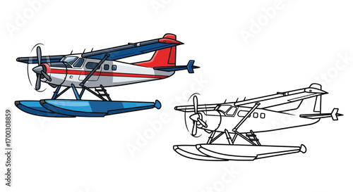 Seaplane Coloring Page Featuring Dual Format Illustration for Aviation Enthusiasts