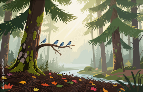 Graphic illustration style, landscape image, vector image	