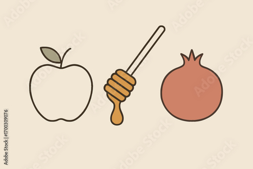 Minimalist vector icon set with apple, honey dipper and pomegranate, clean line style ideal for holiday vector elements or decoration.