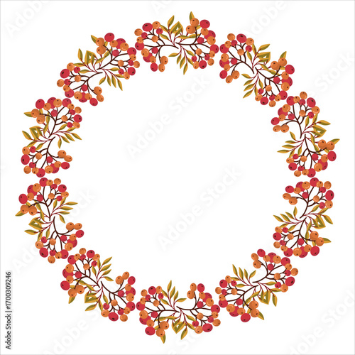 Round frame made of red rowan branches with leaves. Perfect autumn element for banners, postcards, and seasonal invitations.