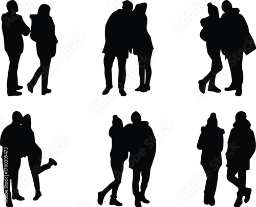 Couple silhouette collection, black human icons, intimate poses, vector illustration, relationship shapes, emotional connection, body language, interaction