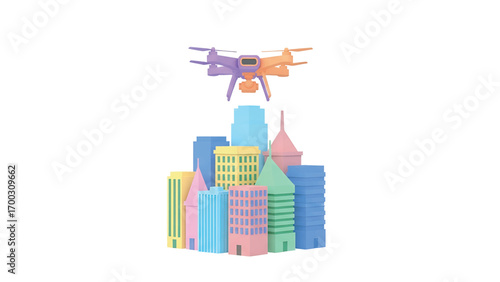 Drone flies over colorful city skyline with pastel buildings on a clear day, showcasing modern technology and urban exploration, creating a whimsical and futuristic scene.