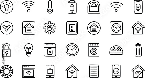 Collection of smart home technology icons includes light bulb, wifi, thermostat, lock, scale, and other smart home devices in a simple line style