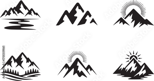 "Mountain Silhouette Vector Bundle"

"Nature Landscape Peaks Logo Collection"

"Sunrise and River Mountain Icons Set"