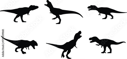 Dinosaur silhouette collection, black T. rex icons, prehistoric creature poses, vector illustration, ancient reptile, fossil design, paleontology, roar