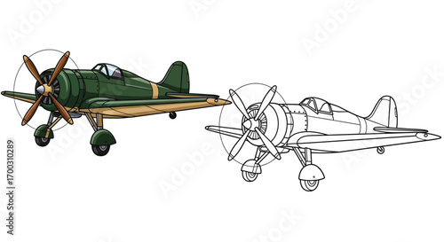 Vintage Propeller Plane Coloring Page with Dual Printable Design Style