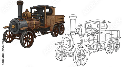 Vintage Steam Powered Freight Truck Coloring Page with Dual Art Versions