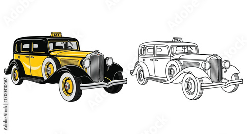 Vintage Taxi Car and Outline Vehicle Coloring Sheet with Dual Printable Style