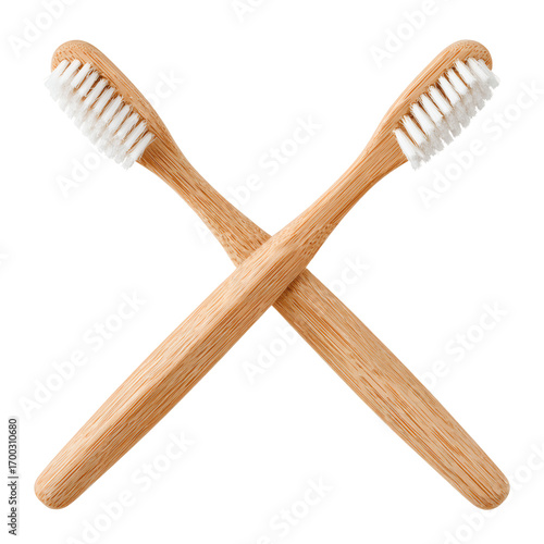 Pair of Bamboo Toothbrushes in X Shape on Transparent Background