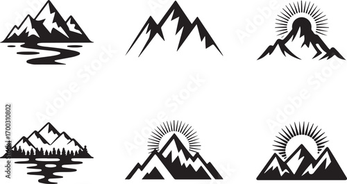 "Mountain Silhouette Vector Bundle"

"Nature Landscape Peaks Logo Collection"

"Sunrise and River Mountain Icons Set"