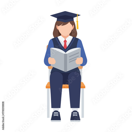 A graduate student is sitting on a chair and reading a book, wearing a graduation cap and gown.