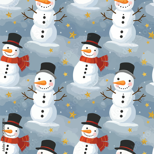 Cheerful snowmen with hats and scarves amidst whimsical star filled winter skies, patern seamless, Stock royalty.