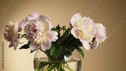Wallpaper Mural A bouquet of light pink peonies in a clear glass vase against a gradient beige background studio shot Torontodigital.ca