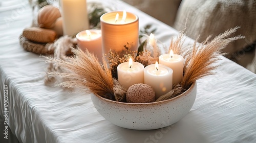 Boho Table Runner with Pampas Grass Candles and Earthy Ceramic Styling