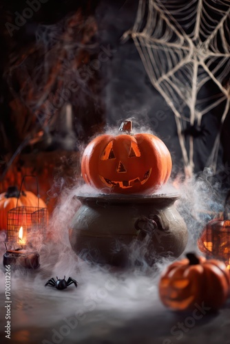 Halloween decorations with carved pumpkin and fog