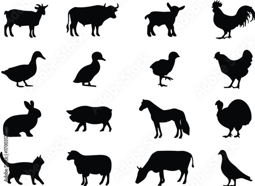 Farm animal silhouette collection, black livestock icons, domestic creature shapes, vector illustration, poultry, mammal, agriculture, pet design