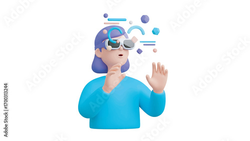 Cartoon woman wearing virtual reality headset interacts with floating geometric shapes in a futuristic digital environment, showcasing immersive technology and wonder.