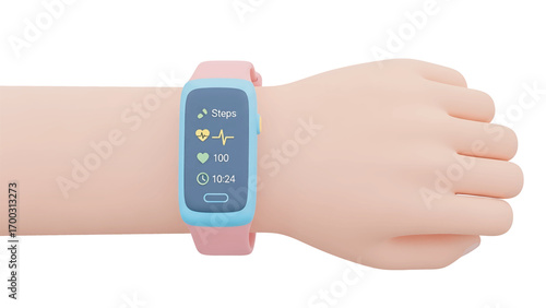 Cartoon hand wearing a pink and blue smartwatch displays health data on a white background, showcasing modern wellness technology with a playful and clean aesthetic.
