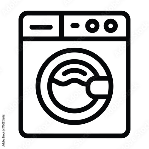 Simple line art icon of a modern front loading washing machine