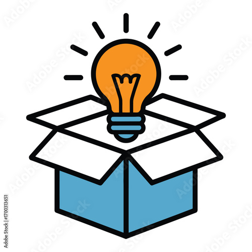 Bright idea emerges from an open cardboard box symbolizing innovation and creativity