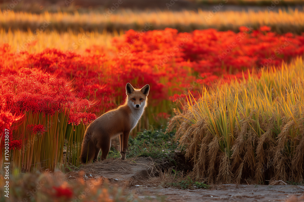 Fototapeta premium Fox standing in autumn field with red spider lilies 