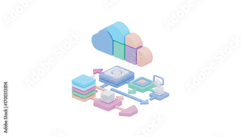 Isometric cloud computing network connecting data servers and devices on a white surface, showcasing modern technology and data management solutions.