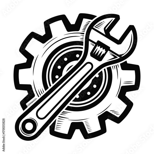 Hand drawn illustration of a wrench and gear symbolizing repair maintenance and mechanical engineering