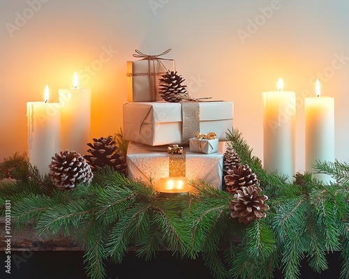 Cozy Holiday Mantle with Greenery Pinecones and Neatly Stacked Gifts