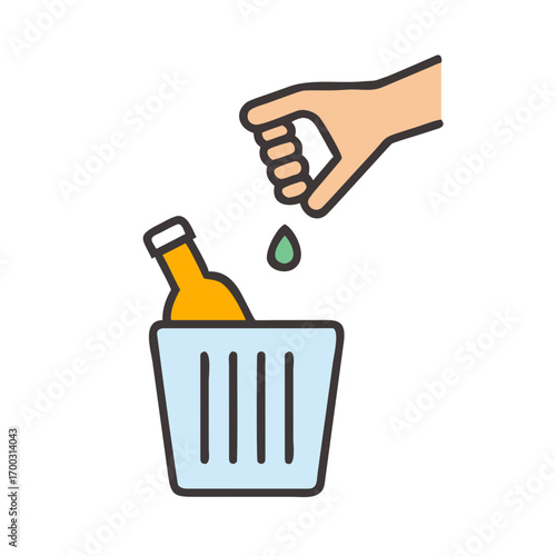 Hand discarding bottle in trash bin, promoting recycling and waste management awareness.
