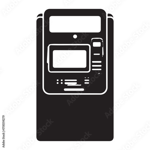 Black and white illustration of a modern atm machine with a screen and keypad