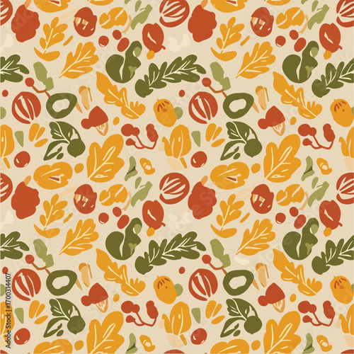 Autumnal forest floor vector pattern featuring leaves, acorns, and berries, seamless pattern, Stock royalty free image.