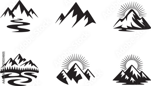 "Mountain Silhouette Vector Bundle"

"Nature Landscape Peaks Logo Collection"

"Sunrise and River Mountain Icons Set"