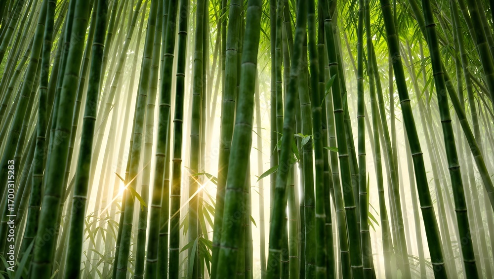 Fototapeta premium Sunlight filtering through a dense bamboo forest