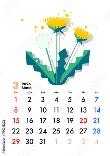 2026年, カレンダー, 3月,たんぽぽ