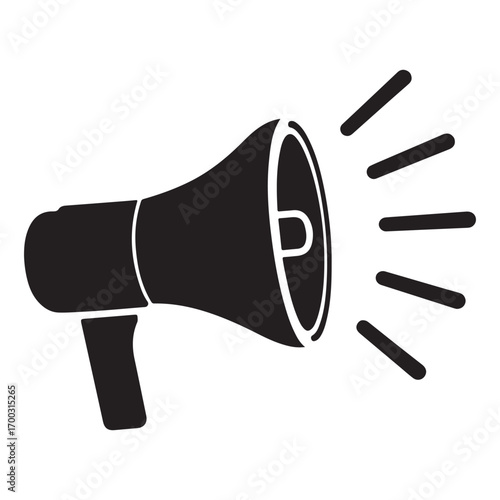 Black silhouette of a megaphone emitting sound waves on a white background