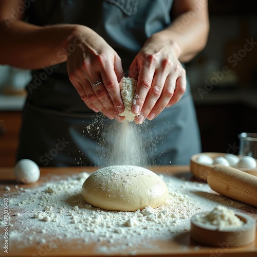 Woman baker sprinkling flour on bread dough while kneading in kitchen