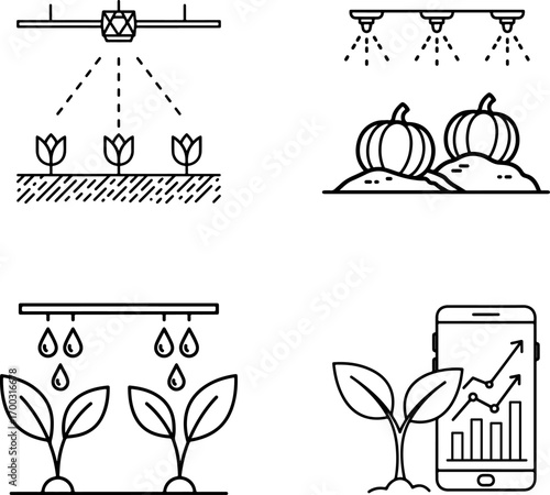 Agricultural technology icons for smart farming and crop management agriculture